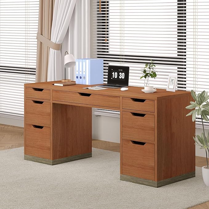 54 Inch Executive Desk with Drawers Computer Desk with 7 Drawers for Bedroom Office Desk with File Cabinet for Work Study Writing Small Spaces Brown