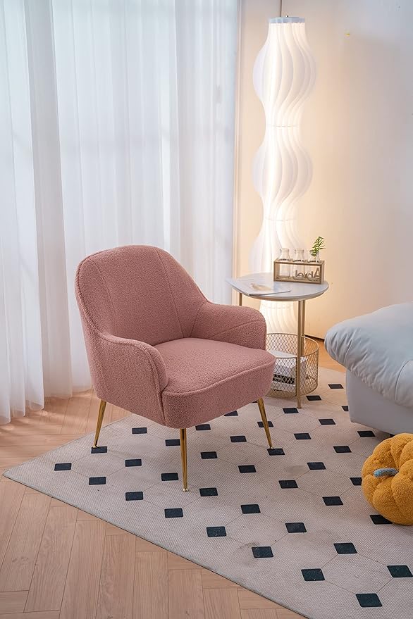 Modern Soft Teddy Fabric Pink Ergonomics Accent Chair Living Room Chair Bedroom Chair Home Chair with Gold Legs and Adjustable Legs for Indoor Home