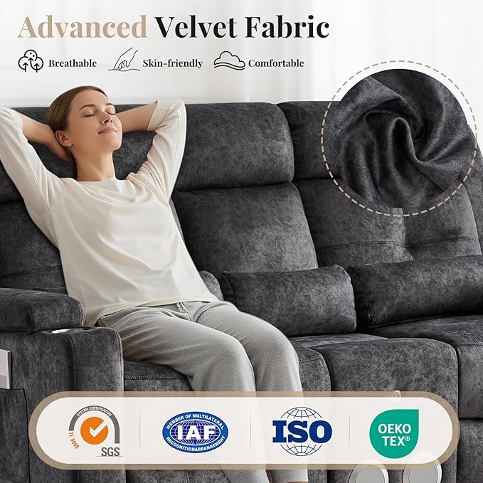 Power Reclining Loveseat Sofa with Bluetooth Function One-Touch Home Theater Seating Couch with LED Light/Console/StorageRV Wall Hugger Double Recliner for Living Room&ampHome Theater(Velvet Gray)