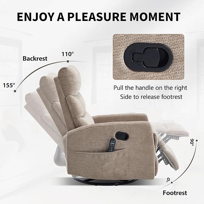 KEIKI Standard Massage Recliner Chair with Heat Swivel Rocker for Living Room Heated Home Theater Seating with Vibration Modes in Chenille