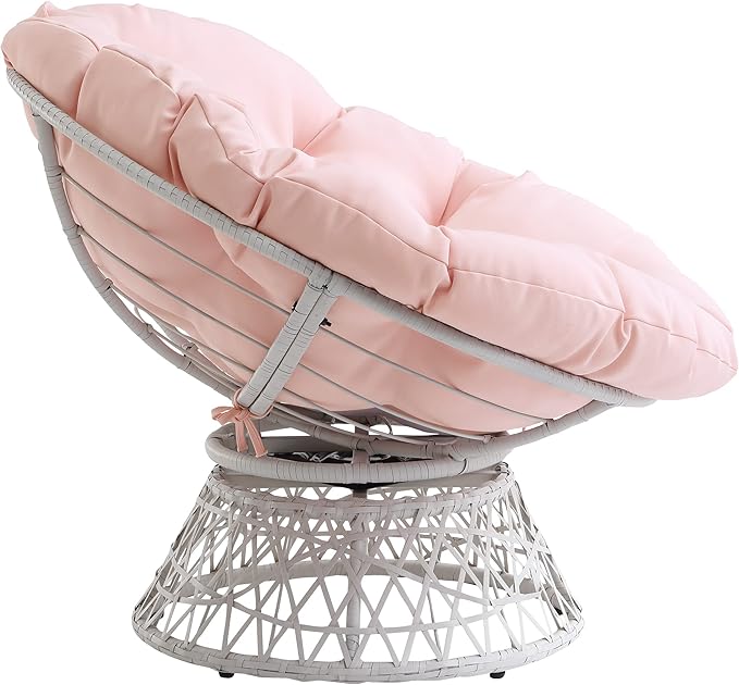 OSP Home Furnishings Wicker Papasan Chair with 360-Degree Swivel Cream Frame with Pink Cushion