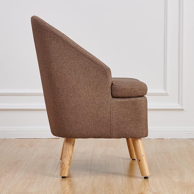 Cute Upholstered Accent Club Coffee Chair with Barrel Style Cotton Linen Like Fabric Round Single Sofa for Wooden Leg Living Room Bedroom Large