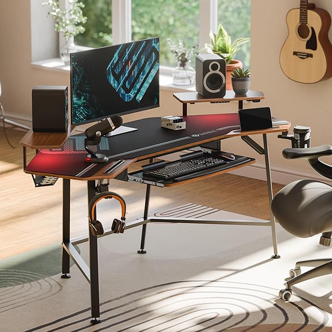 EUREKA ERGONOMIC 72 Gaming Desk W Keyboard Tray Wing-Shaped Music Studio Desk Large Computer Table W LED Convertible Monitor Stand Dual Headphone Hanger for Recording Live Streamer Walnut Wood