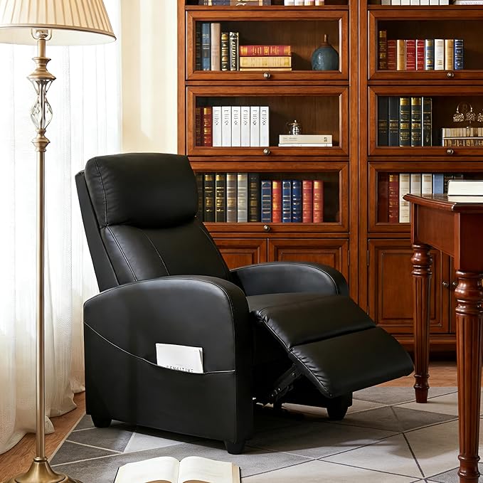 Simple Deluxe Massage Recliner Chair - Adjustable PU Leather Recliner Luxe Reading Chair &amp Sofa Chair for Living Room Chairs or Bedroom Chair Small Recliner for Home Theater Black