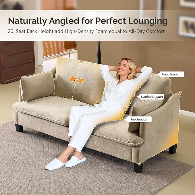 VINGLI 84 Extra Deep Seat Sofa Couch 3 Seater Upholstered Living Room Couches with 2 Piped Seater Cushions Throw Pillows Modern Linen Velvet Fabric Sofa for Apartment Bedroom Office | Piped Cushio