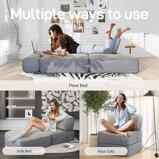 Daneey Convertible Folding Sofa Bed Folding Chair Bed Convertible Chair Bed Sleeper and Fold Out Couch Foam Floor Sofa Couch Bed Futon Sofa Bed for Bedroom/Living Room/Dorm Gray