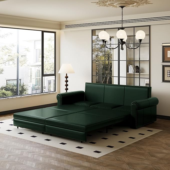 KEIKI 94 Faux Leather Chesterfield Sofa Rolled Arm 3 Seater Pull-Out Sofa Bed King-Sized Sleeper Sofa Upholstered Faux Leather Couch for Living Room Forest Green