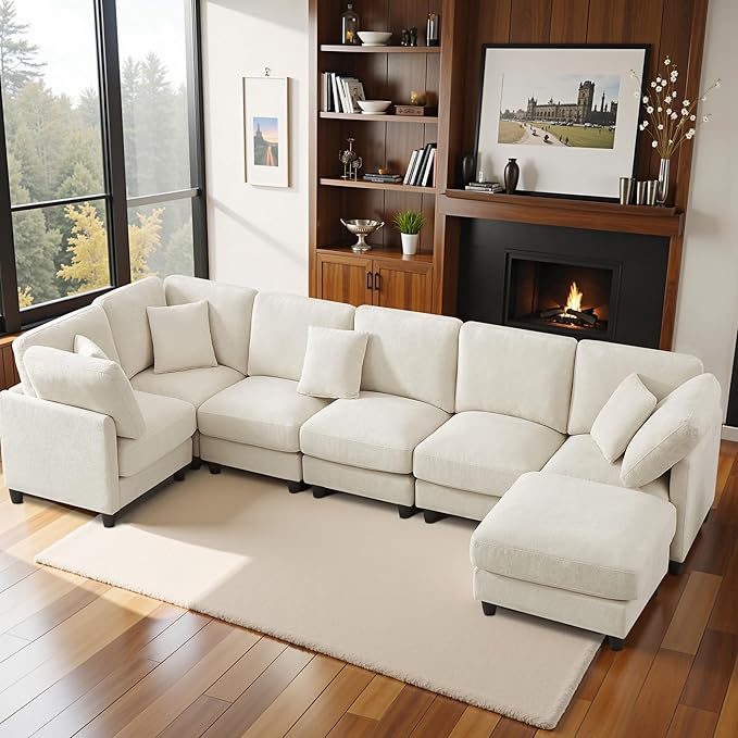 117 Modular Sectional Sofa with Movable ChaiseModern Chenille Cloud Sectional Couch with Deep SeatU Shaped Compressed Boneless Sofa for Living RoomNo Assembly Required (Beige)
