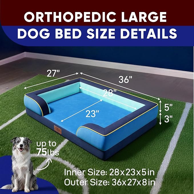 Comfort Expression Orthopedic Dog Bed for Large Dogs 36x27 Inch Waterproof Egg Crate Foam Large Pet Bed with Removable Bolsters Dog Couch with Washable Cover &amp Non-Slip Bottom New Jersey