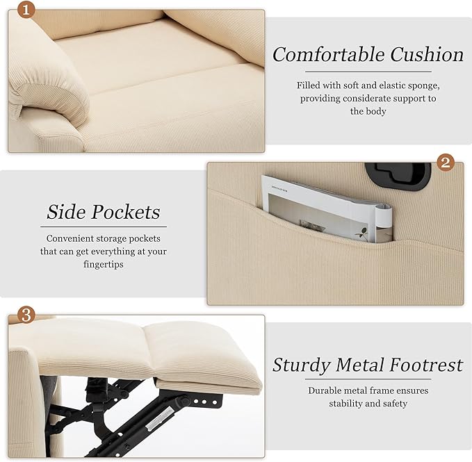 Recliner Chair Small Recliners for Small Spaces Upholstered Manual Recliner with Side Pockets Comfy Corduroy Chairs for Living Room Bedroom Reading Beige