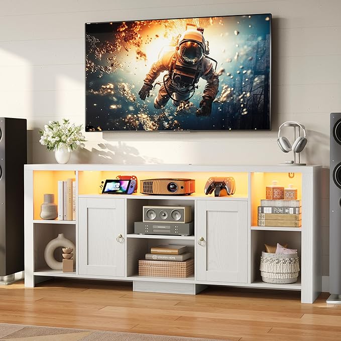 LIKIMIO TV Stand for TVs 80 inch with LED Lights &amp Power Outlet Entertainment Center with Cabinets Adjustable Shelves and Open Shelves Modern Media TV Console Living Room White