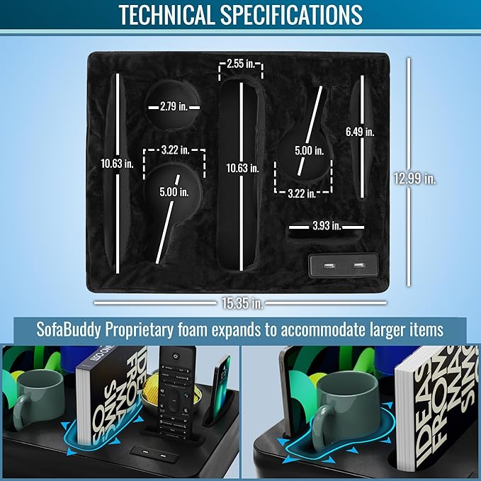 Couch Cup Holder &amp Organizer with USB Charging Ports – Sofa Caddy for Drinks Remotes Snacks &amp More – Perfect Couch Accessory with Anti-Slip Design