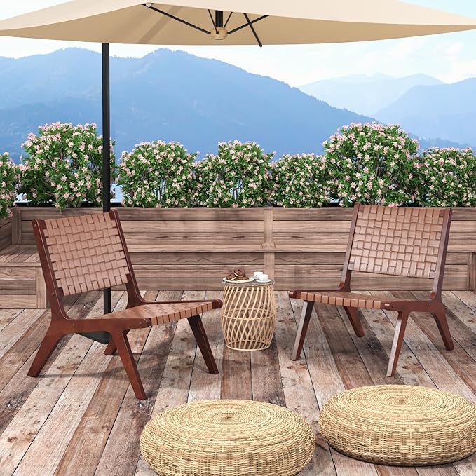 Giantex Woven Leather Accent Chair Set of 2 Boho Mid Century Modern Lounge Chair w/Wood Frame Max Load 300 Lbs Wicker Living Room Chair Armless Accent Side Chair for Reading Bedroom Brown