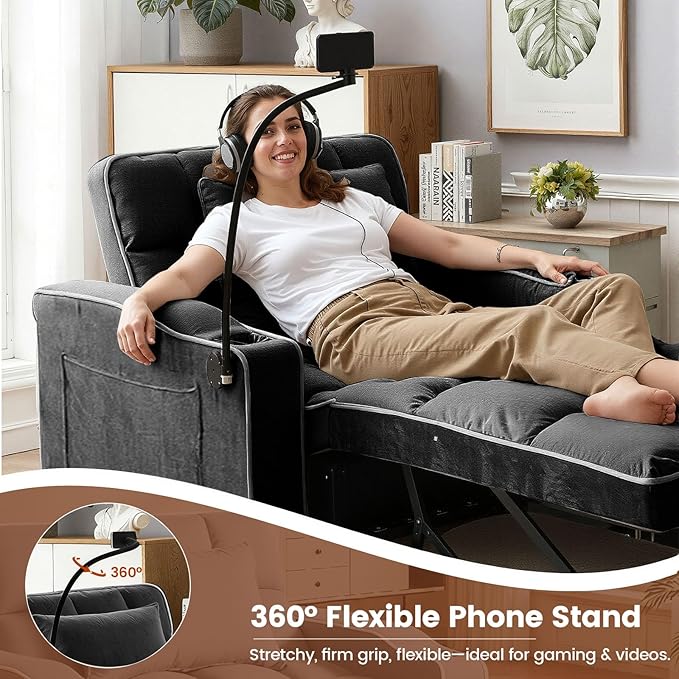 Sleeper Chair Pull Out Chair Sleeper with Bracket and Cup Holder Single Convertible Chairs Bed Sleepers for Adults 3 in 1 Sofa Bed Chairs for Small Spaces Living Room Black