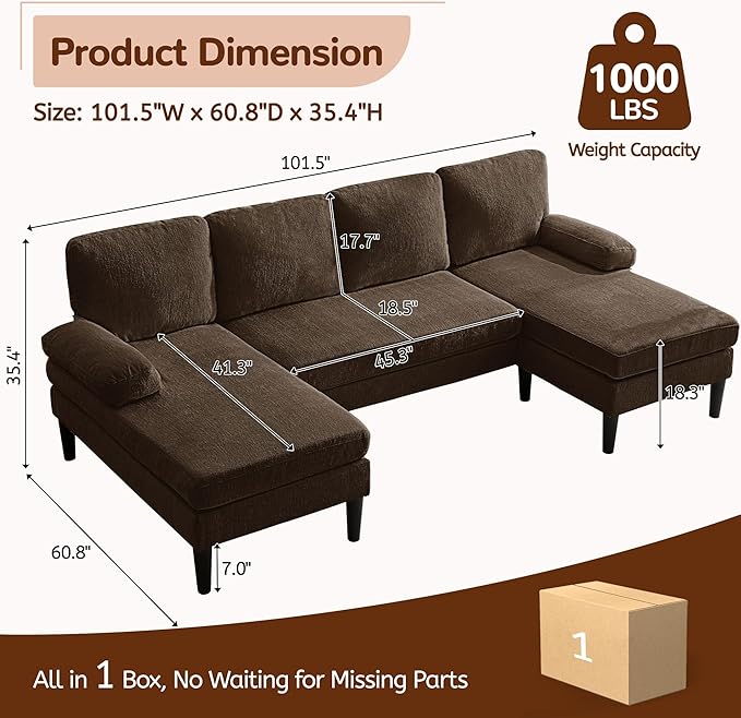 U Shaped Sectional Couches for Living Room 101 Modern Chenille Fabric Sofa with Double Chaise Lounge 4-Seat Couch with Removable Pillows for Apartment/Small Space Brown