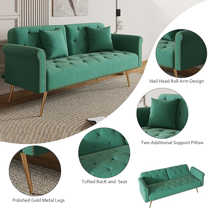 Stylish Velvet Sofa 70 Sofa Sleeper Convertible with Matching Pillows for Living RoomApartmentSmall Spaces (Green)