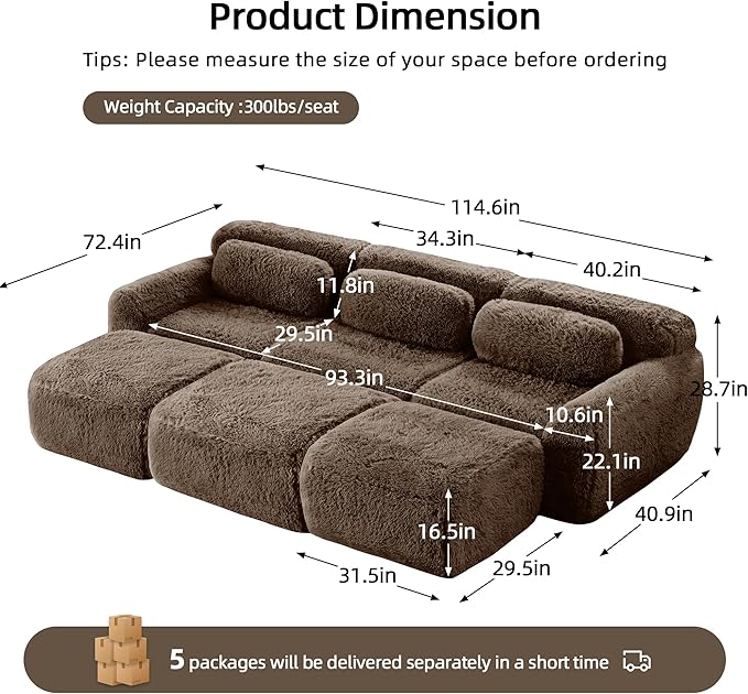 Boneless Couch Modular Sectional Sofa 114.7 Modern Sectional Couches for Living Room Comfy Cloud Sofa No Assembly 3 Seater Couches with Ottoman Deep Seat Floor Sofas Anti-SlipBrown