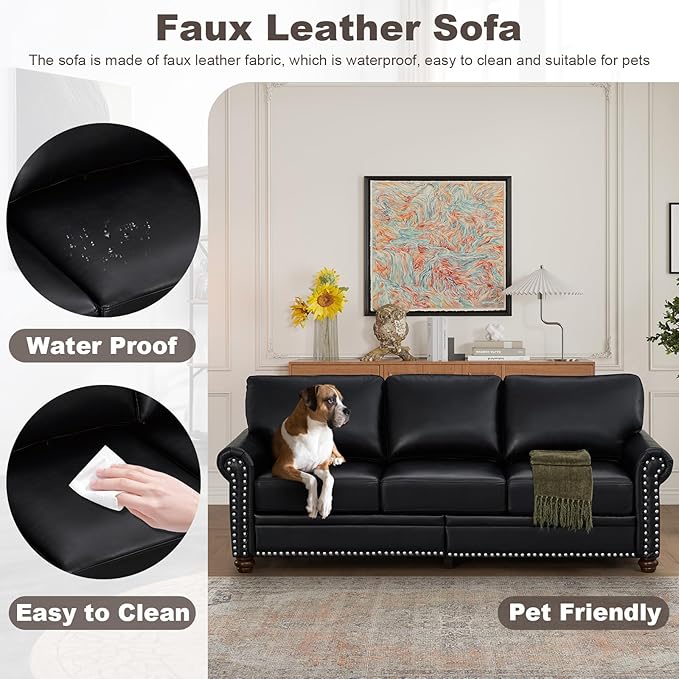 3 Piece Faux Leather Sofa SetMid Century Modern Couch and Loveseat Sets with StorageComfy Deep Seat Sofa with Nailhead Trim &amp Rolled Arm for Living RoomOffice(Armchair+Loveseat+3 SeaterBlack)