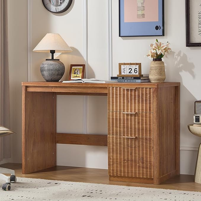 48 Modern Fluted Home Office Desk with Storage Cabinet Brown Wood Executive Desk with File Drawer &amp Golden Handles Large Computer Writing Table for OfficeStudy Living Room Bedroom