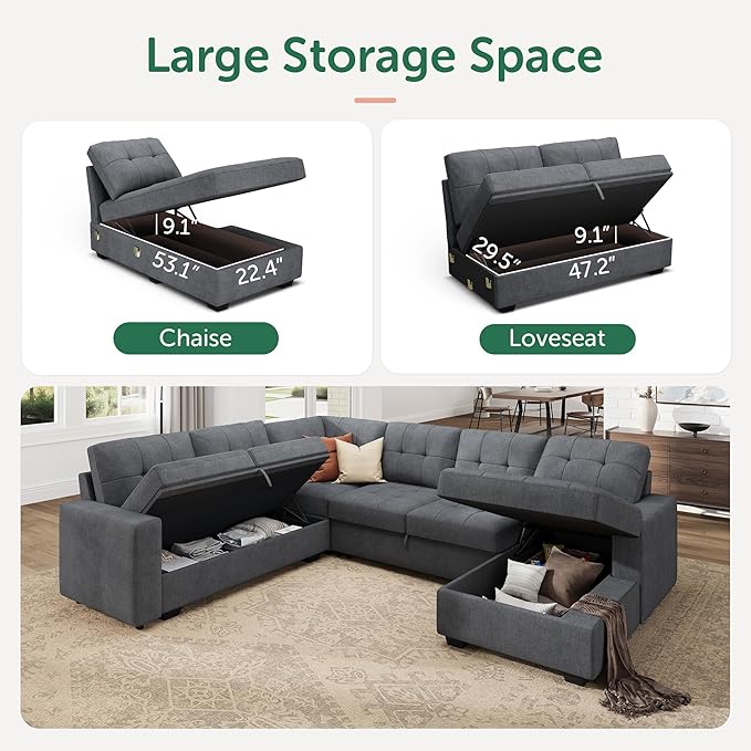 HONBAY Sectional Sleeper Sofa Sleeper Sofa Couch with Storage Chaise Sectional Couch with Pullout Bed for Living Room Bluish Grey