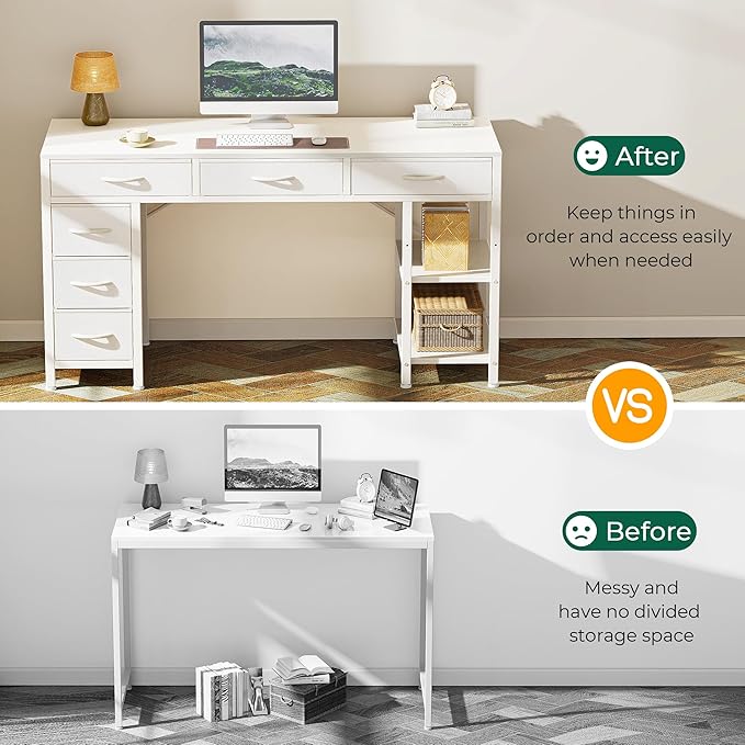Huuger Computer Desk with 6 Drawers Office Desk with Shelves Reversible Gaming Desk Corner Desk with Storage Work for Home Office Study Living Room 47inch White