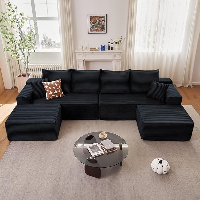 140 Sectional Cloud Couch for Living Room Modular Floor Sofa with Corduroy No Assembly Required Big Comfy Couches Set with Fluffy Memory Foam Stupendous U Shaped Sofas Black