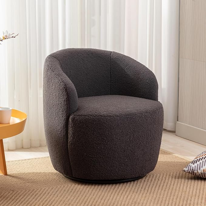 KIVENJAJA Swivel Barrel Chair Teddy Sherpa Upholstered Modern Round Accent Arm Chairs 360 Degree Swivel Small Single Sofa Armchair for Nursery Living Room Bedroom (Teddy Dark Grey)