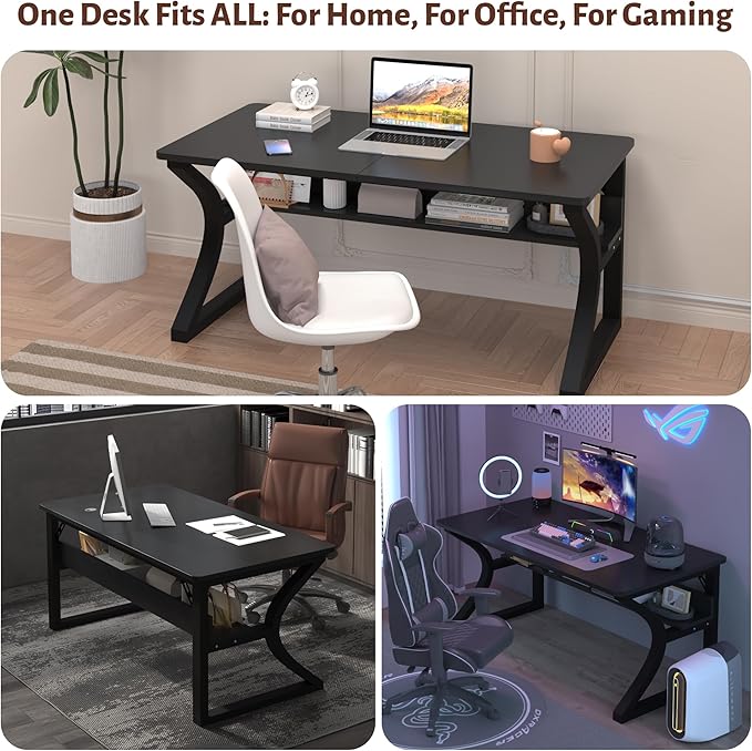 Computer Desk 47 x 23.6 Inch Home Office Desk Large Modern Computer Desks with Storage Shelf Metal Frame Work Study Writing Office Desk with Cable Hole Wide Desk for PC &amp Monitors (Black 47)