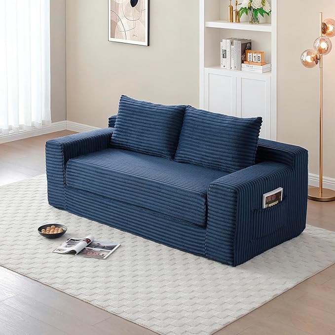 73 Memory Foam Cloud Loveseat Sofa 2 in 1 Convertible Folding Couch Bed Compressed Corduroy Floor Lounge Sofa No Assembly for Apartment Office Bedroom Living Room (Blue)