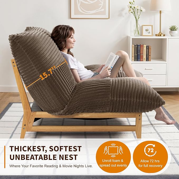 Oversized Comfy Cloud-Like Accent Chair Extra-deep Seat Bean Bag Chairs Convertible Stuffed Bean Bag Cushion with Removable Washable Cover Brown