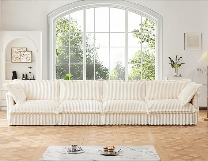 Aoowow Oversized Modular Sectional Sofa 156.6” Corduroy Comfy 4-Seat Sofa Couch Upholstered Deep Seat Couches with Big Toss Pillows for Living Room Apartment OfficeCream-Corduroy