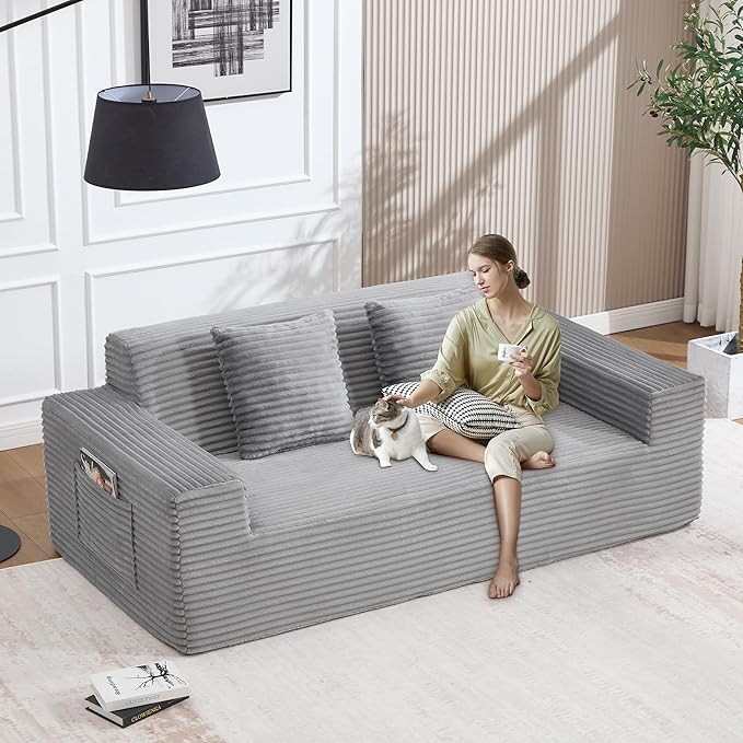76 Cloud Loveseat Sofa Plush Corduroy Fabric 2 Seater Boneless couches Modern Small Couch for Living Room Comfy Deep Seat Sofa Apartment Office Small Spaces Light Grey