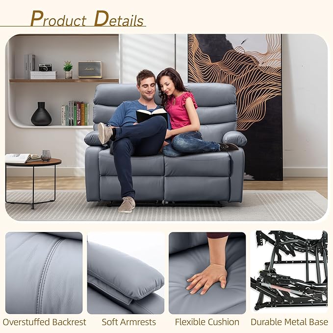 Loveseat Recliner Chair Leather Double Reclining Chairs for Adults Wall Hugger Recliners for Small Spaces Love Seat Couches Sofa Reclinable for Living Room RV Home Theater Seating Grey