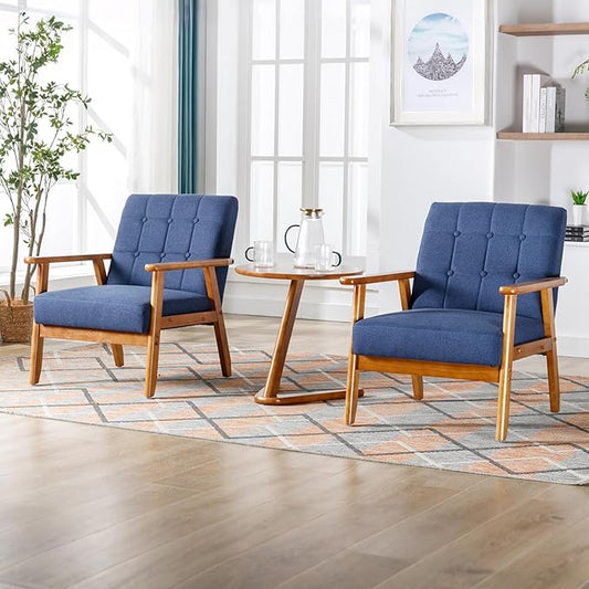 Linen Accent Chair Set of 2 Mid-Century Modern Armchair with Solid Wood Armrests Button-Tufted Comfortable Cushioned Reading Chairs for Living Room Bedroom (Navy