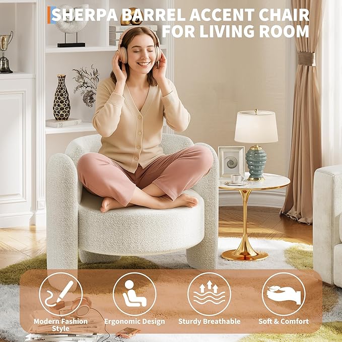 Modern Boucle Swivel Accent Chair Oversized Barrel Round Lounge Chair Mid-Century Open Back Armchair Cozy Sherpa Chair for Living Room Bedroom Office Cafe Reading Nook White
