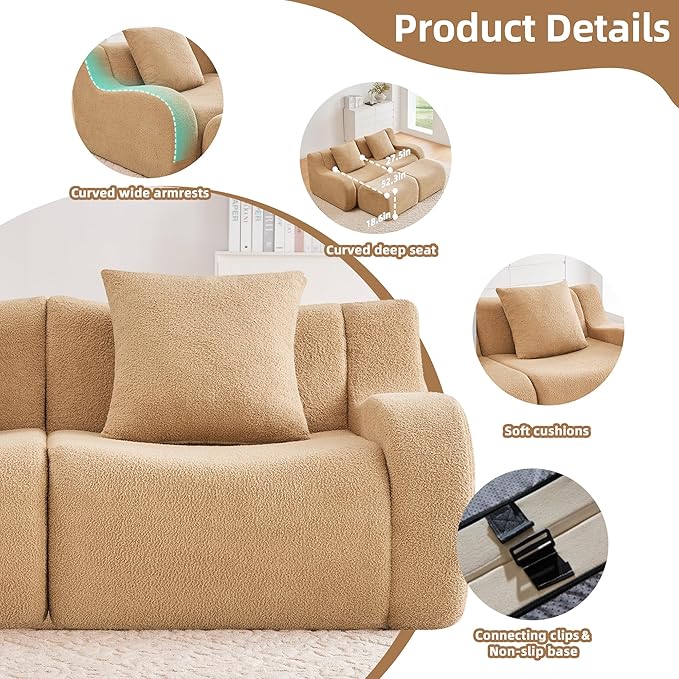 82.7 Inches Sectional Boneless Cloud Couch Super Soft Comfortable Curved Armrest Deep Seat Sofa with Pillow and Ottoman Sectional Small Couches for Small Spaces No Assembly Required