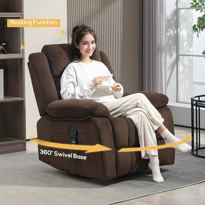 HOMCOM Swivel Rocker Recliner Chair with Vibration Massage and Heat Oversized Velvet Manual Glider Recliner Rocking Chair with Footrest Remote Side Pockets for Living Room Brown