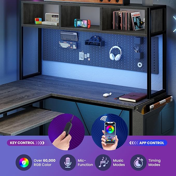 DUMOS L Shaped Gaming Desk 67” Reversible Computer Desks with Led Lights Corner Table with Keyboard Tray Side Bag Storage Shelf Metal Frame Wood Writing for Home Office Bedroom Grey