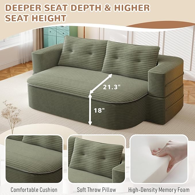 Convertible Folding Sofa Bed 80 Futon Floor Couch Modular Sleeper Loveseat Sectional Boneless Cloud Corduroy Couches for Living Room Guest Room No Assembly Required Green