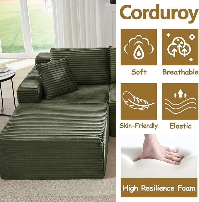 104 Boneless Sectional Couches L Shaped Couch with Deep Seat for Living Room Apartment Corduroy Memory Foam Couch with Comfy Pillows (Saga Green Left Chaise)