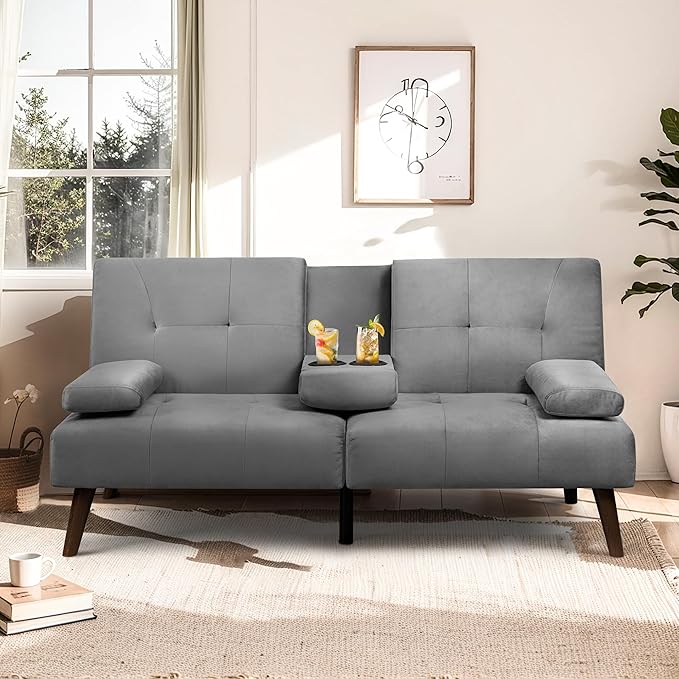 Meilocar Futon Sofa Bed Convertible Sofa Bed with Removable Armrests Adjustable Recliner for Small Space 2 Cup Holders 3 Angles Light Grey