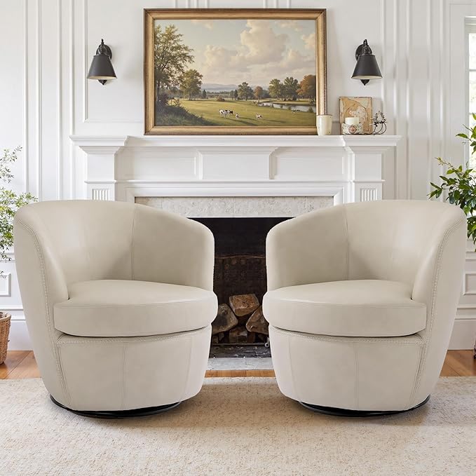 Swivel Barrel Chair Modern Round PU Leather Accent Armchair for Living Room Bedroom Comfy Club Reading Chairs for Adults (Leather Beige Set of 1)