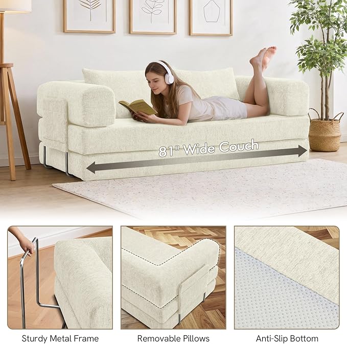 81 Convertible Sofa Bed with Storage Pockets 5-in-1 High Density Foam Boneless Couch Corduroy Folding Futon Sleeper Sofa for Living Room Bedroom Apartment No Assembly Required Beige