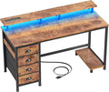 Furologee Computer Desk with Power Outlets &amp Monitor Stand 47 Inch Reversible Gaming Desk with LED Lights &amp 4 Fabric Drawers Writing Work Table for Home Office Bedroom Rustic Brown