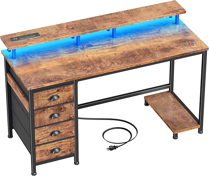Furologee Computer Desk with Power Outlets &amp Monitor Stand 47 Inch Reversible Gaming Desk with LED Lights &amp 4 Fabric Drawers Writing Work Table for Home Office Bedroom Rustic Brown