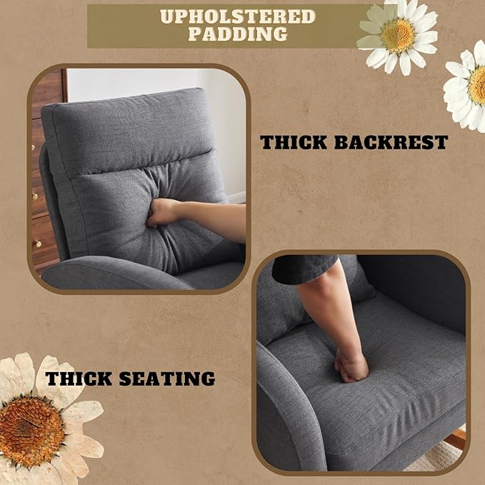 VINGLI Grey Linen Nursery Rocking Chair with Thick Headrest Upholstered Mid-Century Modern Nursing Rocker Glider with Curved Armrest Sturdy Solid Wood Base for Living Room Bedroom Baby Room