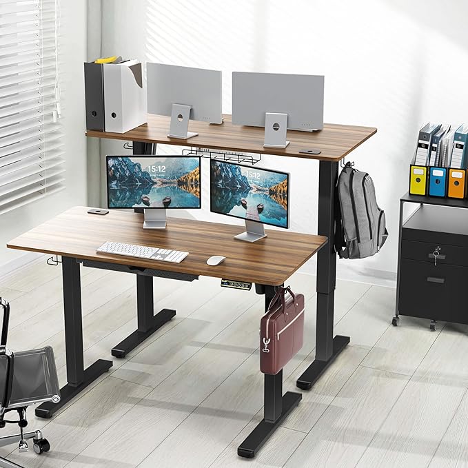 SHW 48-Inch Electric Height Adjustable Standing Desk with Drawer Memory Preset and Cable Management Tray Walnut