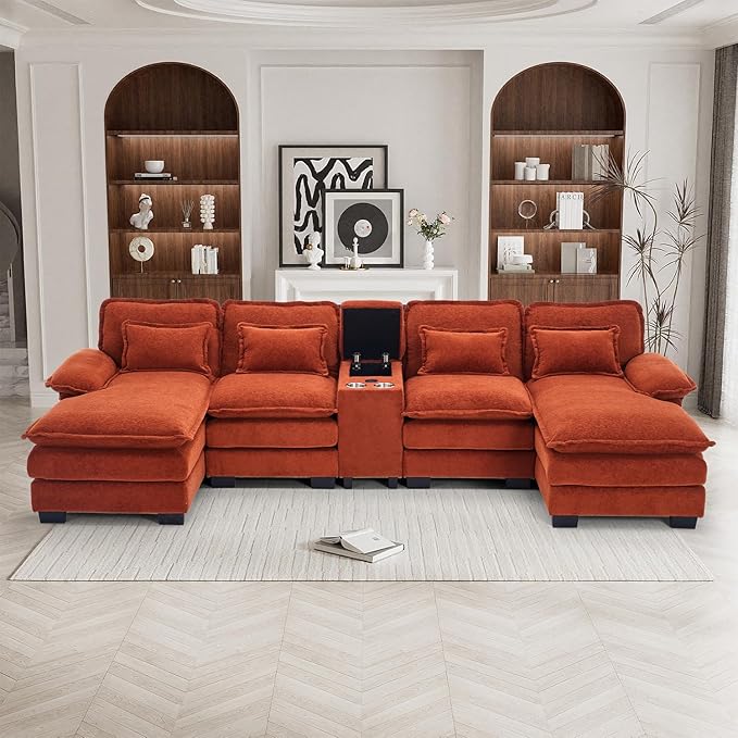 133 Oversized U Shaped Cloud Couch Modular Sectional Couches for Living Room Comfy Chenille Deep Seat Sofa Set with Double Chaise Lounge Storage Central Console Cup Holders USB Port Orange