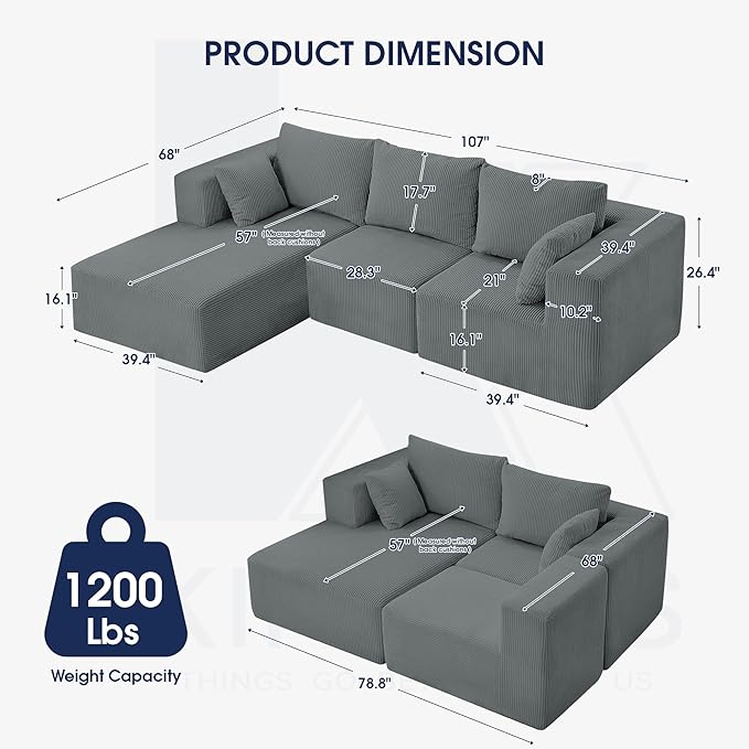KINGYES 107'' Modular Sectional Sofa L Shaped Cloud Couch for Living Room Modern Boneless Sofa with Chaise for Bedroom Light Gray
