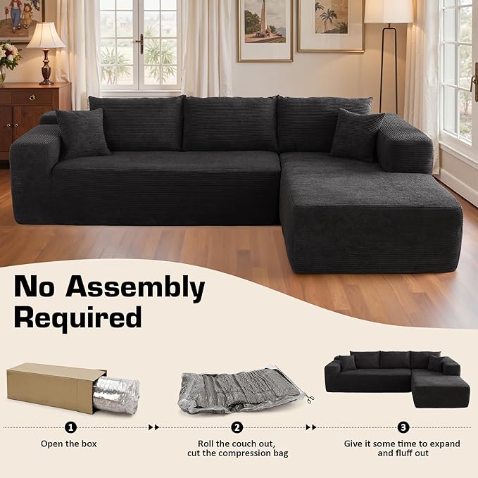 106 Cloud Sectional Couch with Chaise LoungeL Shaped Modular Modern SofaComfy Corduroy Fluffy Sofa with Deep SeatNo Assembly Required Couch for Living Room(RightStripe CorduroyBlack)